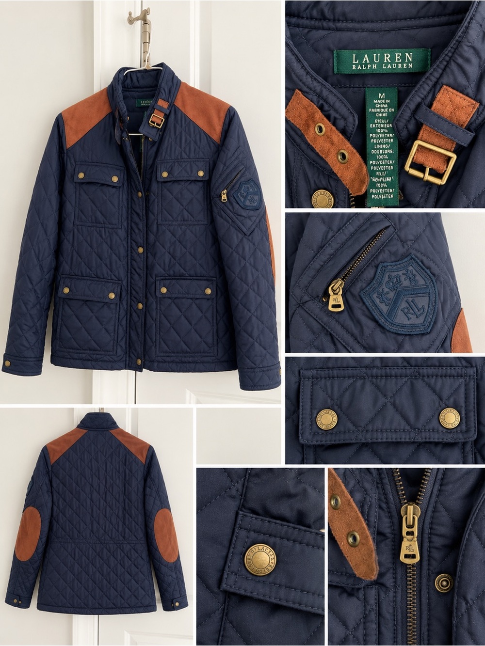 Lauren Ralph Lauren Kids Navy Quilted Jacket with Brown Suede Trim